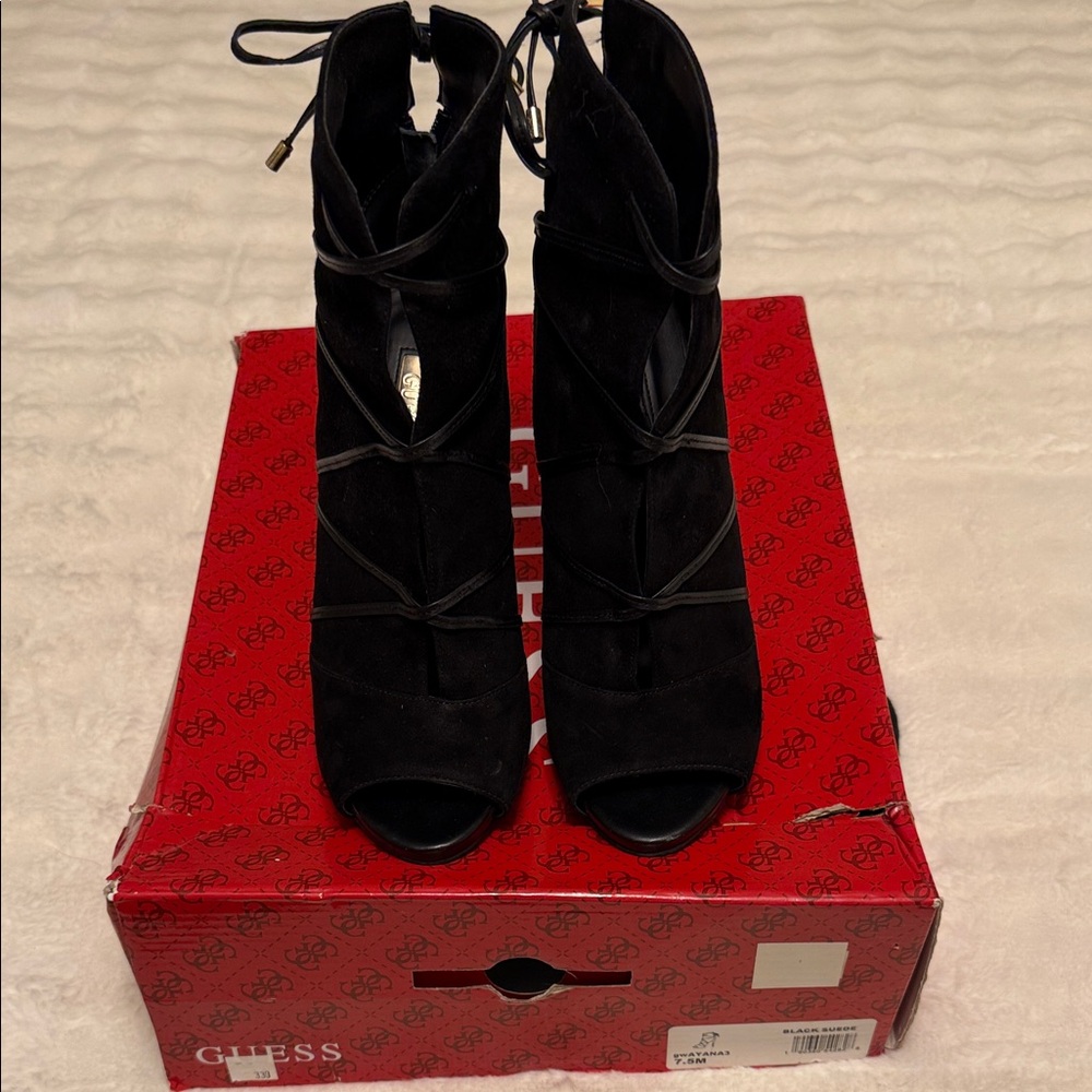 GUESS Open-Toe Black Lace-Up Heeled Boots